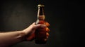 Hand holding beer bottle against dark backdrop, Ai Generated Royalty Free Stock Photo