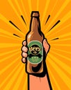 Beer bottle in hand. Retro comic pop art, poster vector illustration