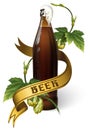 Beer bottle with hops, ribbon and lettering