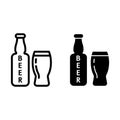 Beer bottle with inscription and glass line and glyph icon. Pint glass of craft beer with bottle outline style design Royalty Free Stock Photo