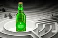 Beer bottle inside labyrinth maze, 3D rendering