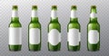 Beer bottle labels. 3d realistic green glass bottles with different blank label options templates, alcohol drink pack Royalty Free Stock Photo