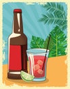 Beer bottle and liquor shot over tropical leaves poster, flat design