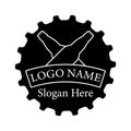 Beer bottle logo design on big beer cap background. Two crossed beer bottles. Black and white silhouette.