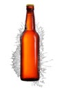 Beer bottle with long neck in water splash isolated on white Royalty Free Stock Photo