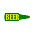 Beer bottle lying on it`s side. Green bottle with the inscription beer. Horizontal position.