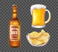 Beer in Bottle or Mug and Chips in Glass Bowl