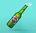 Beer bottle open, green glass bottle opened, cold beer bottle with steam effect, fresh realistic vector
