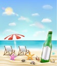 Beer bottle and sea shell starfish on a sea sand beach Royalty Free Stock Photo