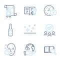 Beer bottle, Search book and Healthy face icons set. Engineering documentation, Time and Clean skin signs. Vector