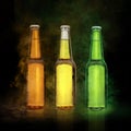 Beer bottle with water drops on the color smoke black background