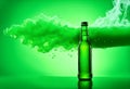 Beer bottle with water drops on the green color smoke background Royalty Free Stock Photo