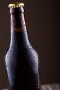 Beer bottle with water drops ongrey background.