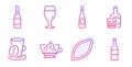 Beer bottle, Whiskey glass and Champagne icons set. Coffee cup, Beer glass and Cocoa nut signs. Vector Royalty Free Stock Photo