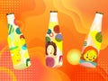 Beer bottles with abstract modern geometric colorful shapes and comic cartoon faces isolated on Memphis style background. Royalty Free Stock Photo