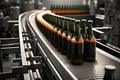 Beer bottles on the conveyor belt. Beverage manufacturing brevery. Neural network generated art