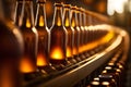 Beer bottles on the conveyor belt. Beverage manufacturing brevery. Neural network generated art