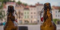 Beer bottles in front of houses in ljubljana Royalty Free Stock Photo