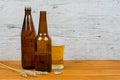 Beer bottles and glass on pub table Royalty Free Stock Photo