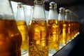 Beer bottles with golden liquid, closeup, cooling in the fridge for the upcoming event