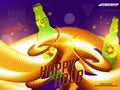 Beer bottles with happy hour text. Set of beer drink glass tare closed with caps, isolated on yellow and blue blend background.