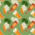 Beer bottles, hop and wheat seamless pattern