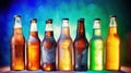 Beer bottles on ice against a colorful background, Generative AI Royalty Free Stock Photo