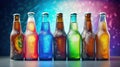 Beer bottles on ice against a colorful background, Generative AI Royalty Free Stock Photo