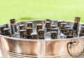 Beer bottles on ice bucket with green grass background Royalty Free Stock Photo