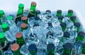 Beer Bottles in Ice Cubes, Many Cold Bottle Caps in Box, Iced Chilled Beer Chest, Different Cold Bottles Royalty Free Stock Photo