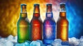Beer Bottles Resting on Ice, Surrounded by a Spectrum of Lively Hues, Generative AI Royalty Free Stock Photo
