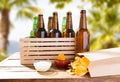 Beer bottles in wooden box and pack of potato chips,sauces