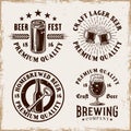 Beer and brewery set of four vector emblems, labels, badges or logos in vintage style on background with removable Royalty Free Stock Photo