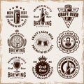 Beer and brewery set of vector emblems, labels, badges or logos in vintage style on background with removable grunge Royalty Free Stock Photo