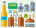 Beer brewing process alcohol factory production equipment mashing boiling cooling fermentation vector illustration.