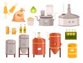 Beer brewing equipment, malt bag sack and spikelet, bottled craft drink isolated private brewery set Royalty Free Stock Photo