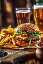 beer burger chips in a cafe. Selective focus. Royalty Free Stock Photo