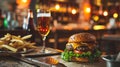 beer burger chips in a cafe. Selective focus. Royalty Free Stock Photo