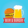 Beer and burger flat design illustration. Food