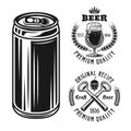 Beer can and two emblems, badges, labels or logos set of vector elements isolated on white background Royalty Free Stock Photo