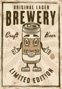 Beer can vintage poster cartoon smiling character vector illustration. Layered, separate grunge texture and text