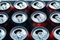 Beer cans. Aluminum cans. Close-up of many empty jars with condensation drops. Recycling and reuse. Selective focus