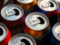 Beer cans. Aluminum cans. Lots of wet empty cans with condensation drops. Recycling and reuse. Selective focus