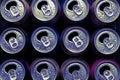 Beer cans. Aluminum cans. Top view of many empty jars with condensation drops. Recycling and reuse. Selective focus