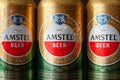 Beer cans with water drops. Close-up of cans of AMSTEL beer covered with water droplets. World famous Dutch brand. Kiev. Ukraine. Royalty Free Stock Photo