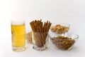 Beer,cashew,peanuts,almonds and salted pretzel