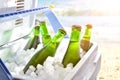 Beer chilled on ice in camping fridge on the beach Royalty Free Stock Photo