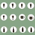 Beer, cider icons. A black mark on a cool pastel green background in white circles