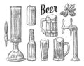 Beer class, can, bottle, barrel. Vintage engraving illustration