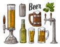 Beer class, can, bottle, barrel. Vintage engraving illustration